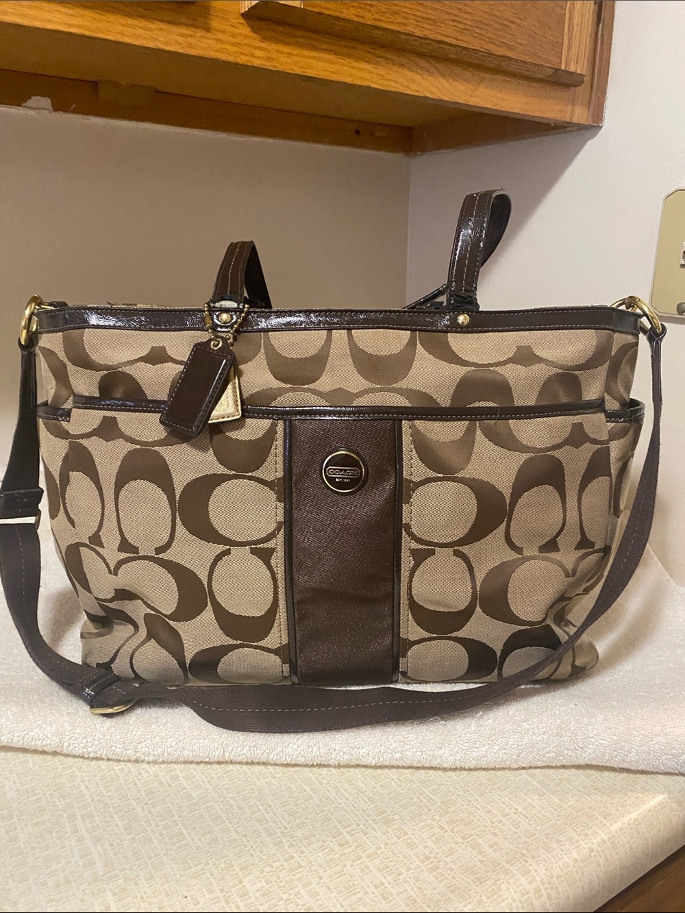 Coach Brown Signature Canvas diaper bag with Dark Brown Trim
